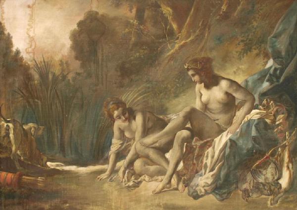 FRAMED PAINTED TAPESTRY, DIANA THE HUNTRESS: Framed painted tapestry, France, c. 1900, a scene of Diana the Huntress after a work by Francois Boucher (French, 1703-1770) entitled "Diana Leaving the Bath", originally painted in 1742 and housed in