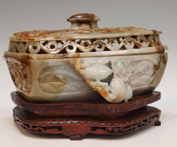 LARGE CHINESE CARVED & PIERCED FIGURAL JADE BOWL: Large Chinese jade bowl with cover, 20th c., carved and polished celadon jade with russet 'skin', auspicious symbols, ruyi scepters, double fish, bats coins and lingzhi fungus, lidded bowl: 5.75"h, 12
