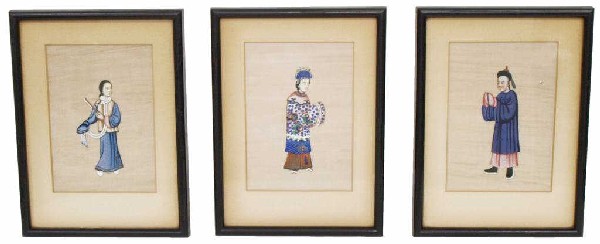 VINTAGE ASIAN SILK PAINTINGS, MARSHALL FIELD & CO.: (lot of 3) Paintings on silk, each depicting an Asian figure, vintage Marshall Field & Co. tag verso, discoloration with age, overall: 8.75"h, 6.25"w, 2lbs total