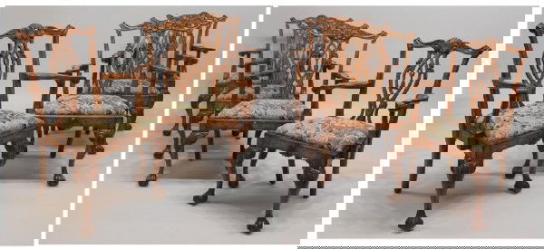 (8) SET OF CHIPPENDALE STYLE ARM CHAIRS: (set of 8) Chippendale style arm chairs by "Collection Reproductions, antique pecan finish, shell and foliate back with pierced tassel splats and upholstered removable seats, cabriole legs on ball and