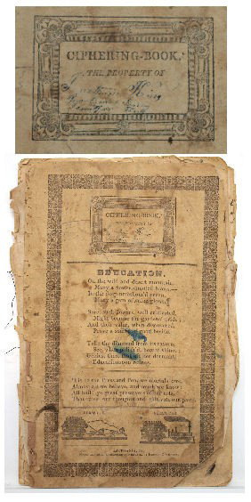 AMERICANA 1875 FRAKTUR ILLUSTRATED CIPHER-BOOK: (lot of 3) Rare Americana fraktur folk manuscript with illustrations, 19th c., a youth diary by Jonathan & Catherine King, Lancaster County, Pennsylvania, in three parts, accompanied by the calling ca