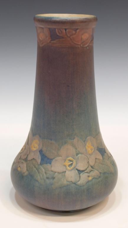 NEWCOMB COLLEGE ART POTTERY 1914 VASE BAILEY, 8.5": Newcomb College art pottery vase, New Orleans,1914, of gourd form in a matte glaze, marked "NC", "GZ90"(date) "JM" (potter Joseph Meyer), 279, cipher of decorator Henrietta Bailey, 8.5"h, 1.75lbs