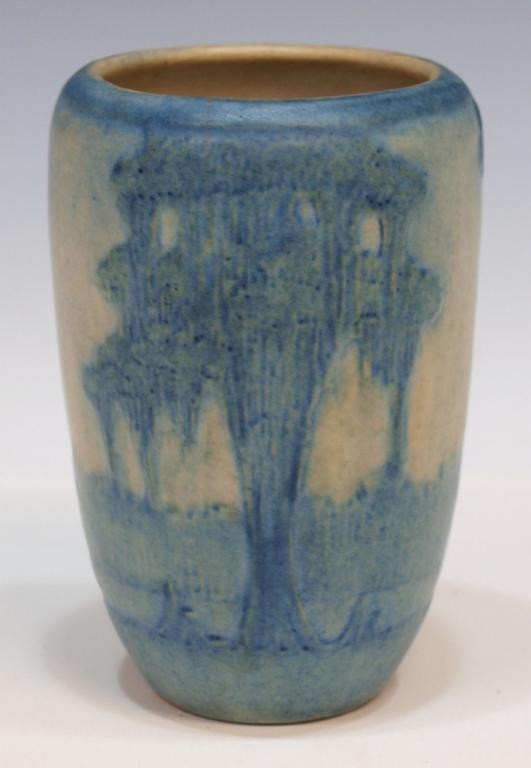 NEWCOMB COLLEGE ART POTTERY VASE, SIMPSON,4": Newcomb College art pottery 4"h, vase, New Orleans, 1919, matte glaze, marked: incised "NC", "KI57" (date), "JM" (potter Joseph Meyer), 238, cipher of decorator Anna Frances Simpson, intact with verti