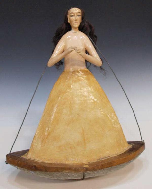 UNUSUAL 19TH C. MEXICO VIRGIN OF SAN JUAN STATUE: Unusual 19th c. Mexico folk statue, the Virgin of San Juan, the figure with glass eyes, human hair, restorations, 24"h, 6lbs
