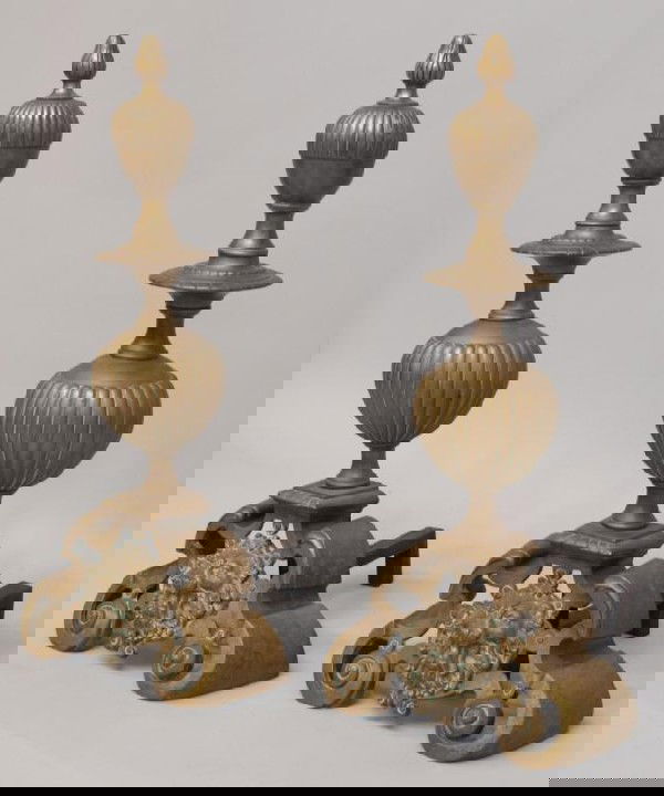 LARGE ANTIQUE CONTINENTAL BRASS CHENETS: (pair) Large Continental brass andirons, bulbous finials over a lion masque supported on scroll feet, 36"h, 17"w, 18.5"d, 38lbs (4)