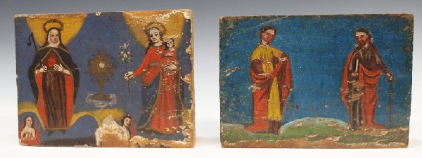 ANTIQUE RELIGIOUS MEXICO SAINT PAINTINGS ON BOARD: (lot of 2) Late 18th / early 19th c. religious paintings on board, depictions of various Saints including Saint Gertrude, the Madonna, souls in purgatory, Saint Paul and others, some surface loss, lar