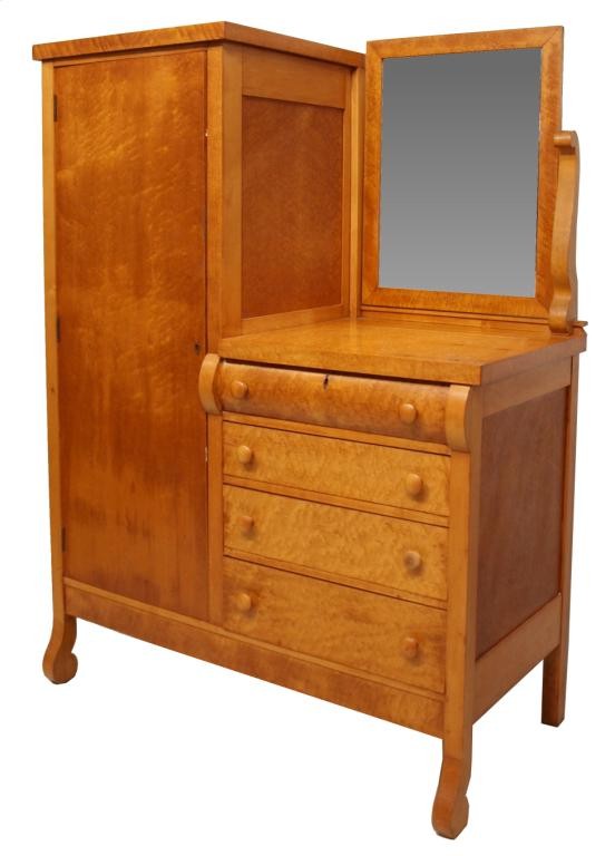 ANTIQUE AMERICAN BIRDS EYE MAPLE CHIFFEROBE: Crescent Furniture birds eye maple chifferobe, early 20th c, the storage closet with interior hanging rack set beside a beveled mirror above a convex faced top drawer and three graduated drawers, all 