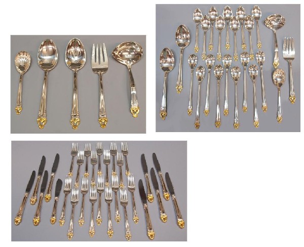 REED & BARTON 'GOLDEN CROWN' SILVER PLATE FLATWARE: (set of 51) Reed and Barton 'Golden Crown' parcel gilt silver plate flatware service for nine, including: (9) dinner knives; (1) master butter knife; (9) dinner forks; (9) salad forks; (9) teaspoons; 