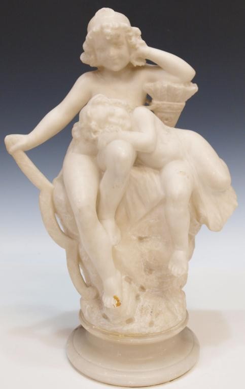 19TH C. ITALIAN CUPID & PUTTI ALABASTER SCULPTURE: Italian alabaster sculpture, 19th c., carved as cupid and a sleeping putti perched upon a rocky base, on a circular pedestal, both with loss on toes, 15"h, 18lbs (152)