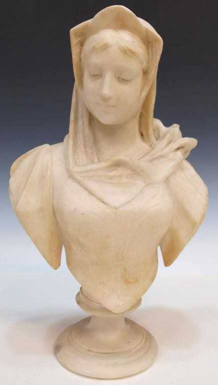 ITALIAN CARVED ALABASTER BUST OF A BEAUTY: Italian alabaster bust, 19th c., a draped beauty raised on a pedestal base, chips to back pedestal, 15.5"h, 9.5"h, 16lbs