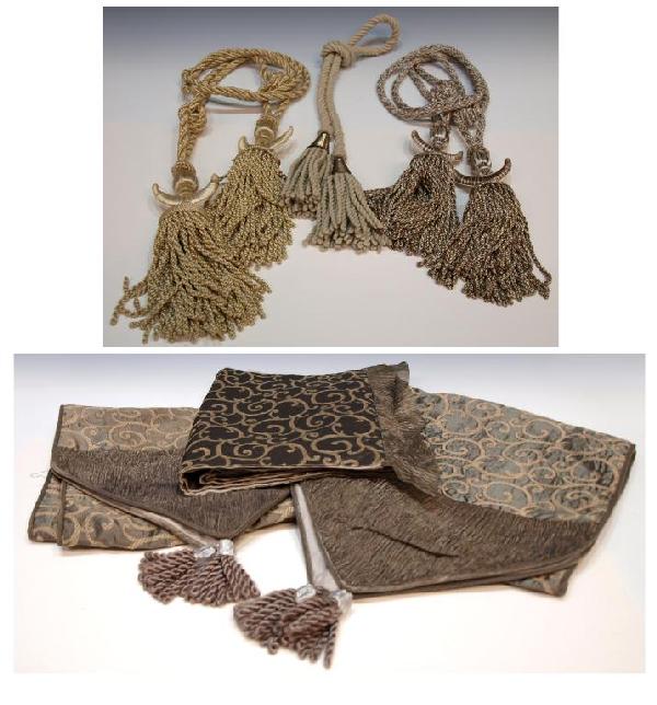 ORNATE BROCADE TABLE RUNNER & CORDED TASSELS: (lot of 6) Collection of textile runners and corded tassels, including: (3) ornate brocade table runners in a slate tone with taupe filigree pattern, two with pointed ends and tassels, one with rectan