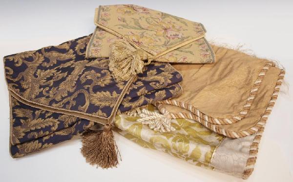 (3) COLLECTION ASSORTED TEXTILE TABLE RUNNERS: (lot of 3) Textile table runners including: (1) small Belgian tapestry runner with floral motif, 40"l plus tassels, 12"w; (1) purple and gold runner, 104"l plus tassels, 16"W; (1) ornate gold and ivor