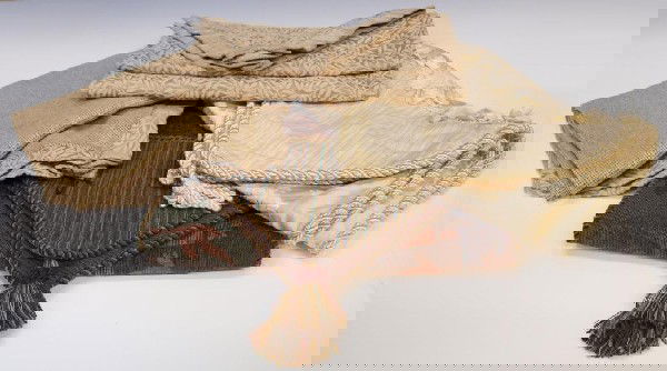 COLLECTION OF (4) TEXTILE TABLE RUNNERS: (lot of 4) Collection of tapestry and textile table runners including: (1) ivory brocade table runner with coiled edging, 84"l, 16"w; (1) brown and sage fall tone runner with tapestry woven nature mot