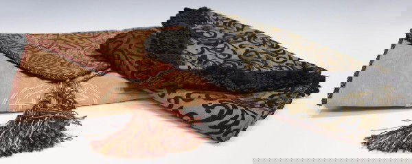 (2) DECORATIVE EMBROIDERED & BROCADE TABLE RUNNERS: (lot of 2) Textile table runners, one likely taffeta the other silk with Asian motif, tassels and fringe on both, green with minor spot to underside, 16"w, largest 108"l; 2.5lbs total