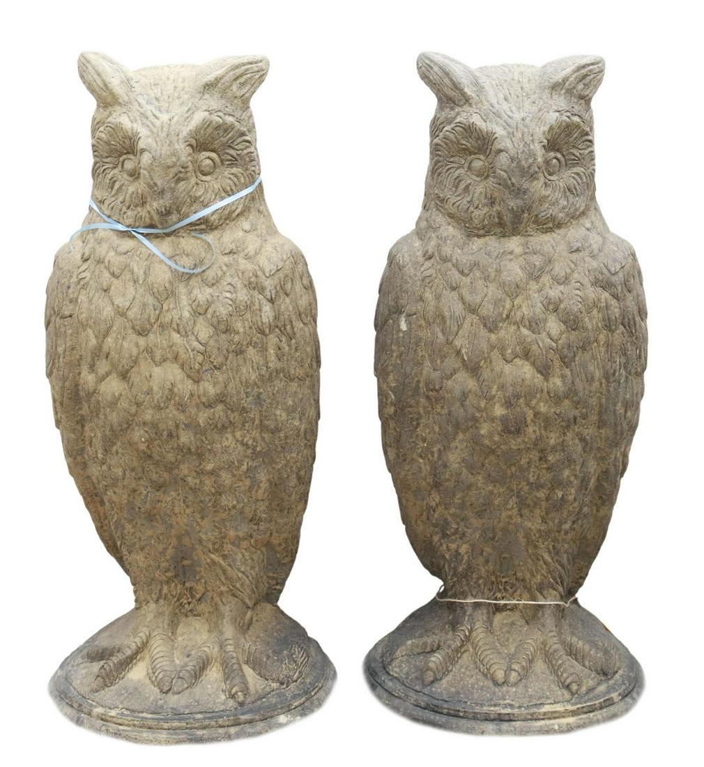 (2) LARGE CAST STONE GARDEN BIRDS, OWLS, 29"H (1 of 2)