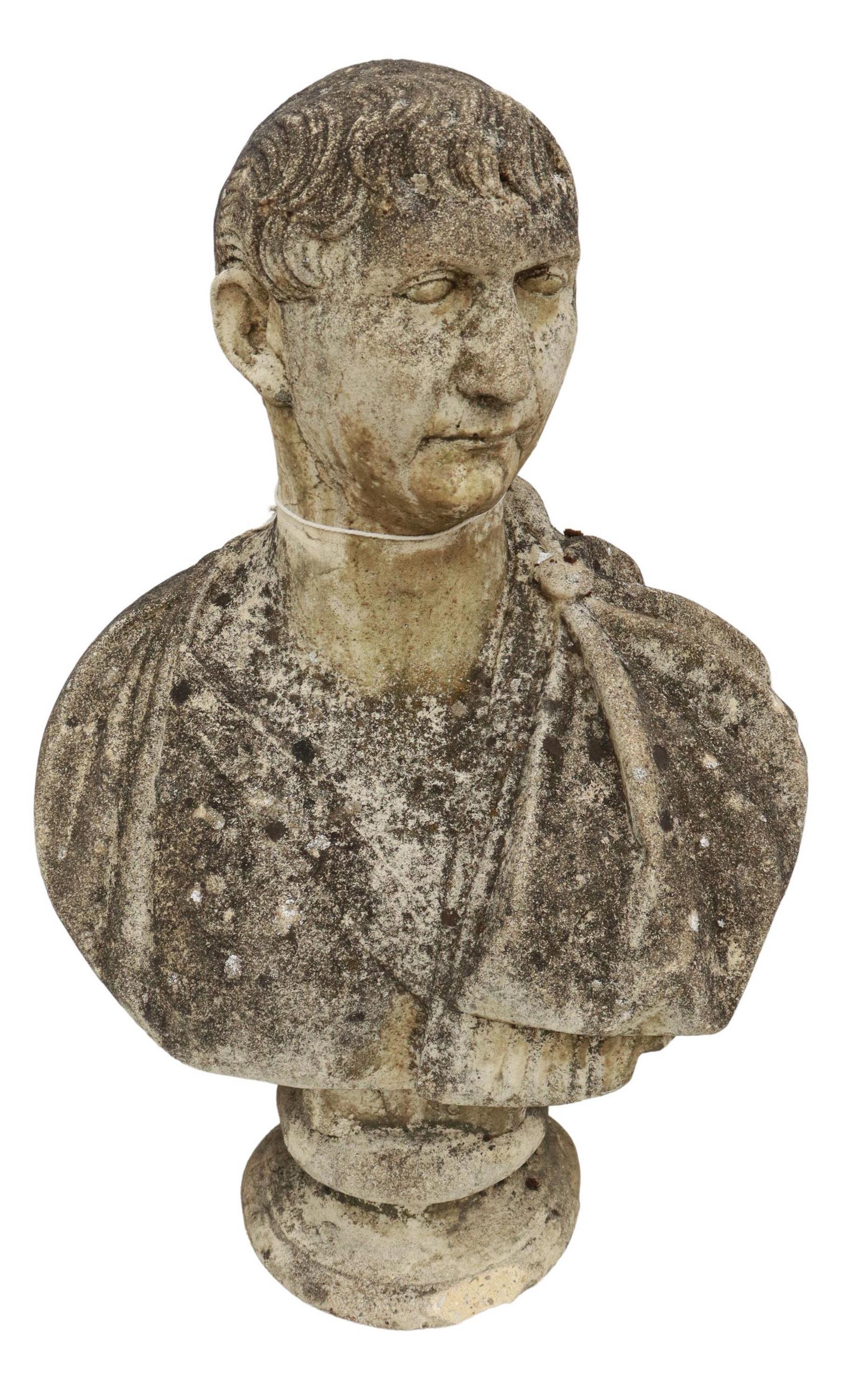 LARGE CAST STONE GARDEN STATUE, BUST OF NERO, 27"H Barnebys