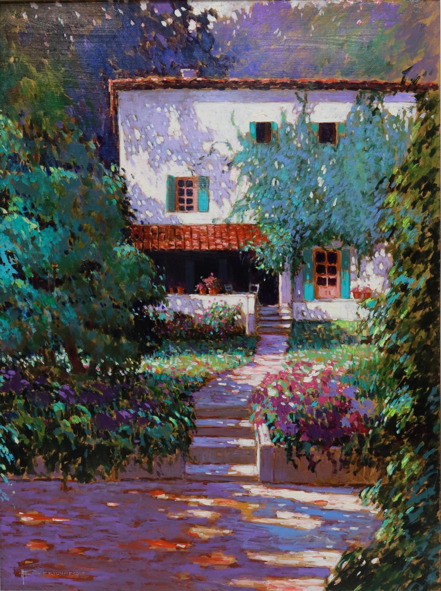 ANDRE BERTOUNESQUE (1937-2005) ACRYLIC, 40" X 30": Framed acrylic on Masonite painting, "Parfums d'Ete," signed lower left A. Bertounesque (Andre Bertounesque, Quebecois, 1937-2005), titled on Galerie d'Art Michel Bigue label verso, sight: 39.5"h, 29.