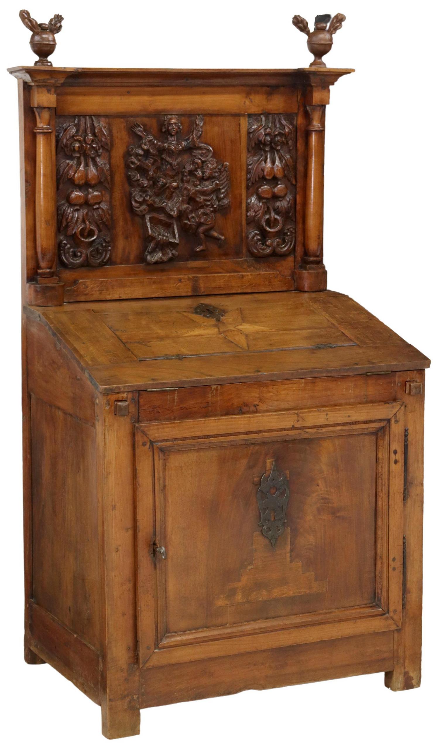 FRENCH CARVED MIXED WOOD SLANT-FRONT BUREAU (1 of 6)