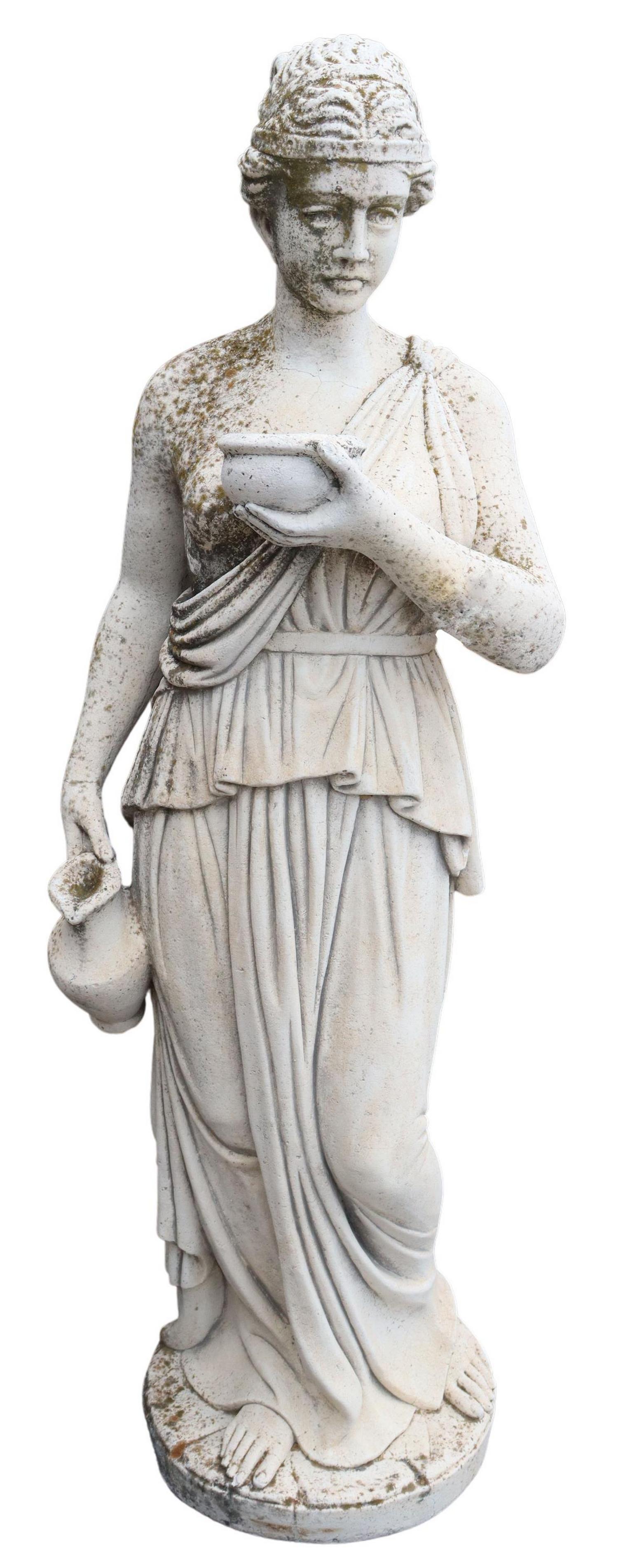 CAST STONE GARDEN SCULPTURE HEBE GODDESS OF YOUTH: Architectural cast stone garden sculpture, depicting Hebe, goddess of youth, as a classical Greek maiden, holding an ewer and shallow bowl, base marked ITALGARDEN, approx 52"h Start Price: $400.00