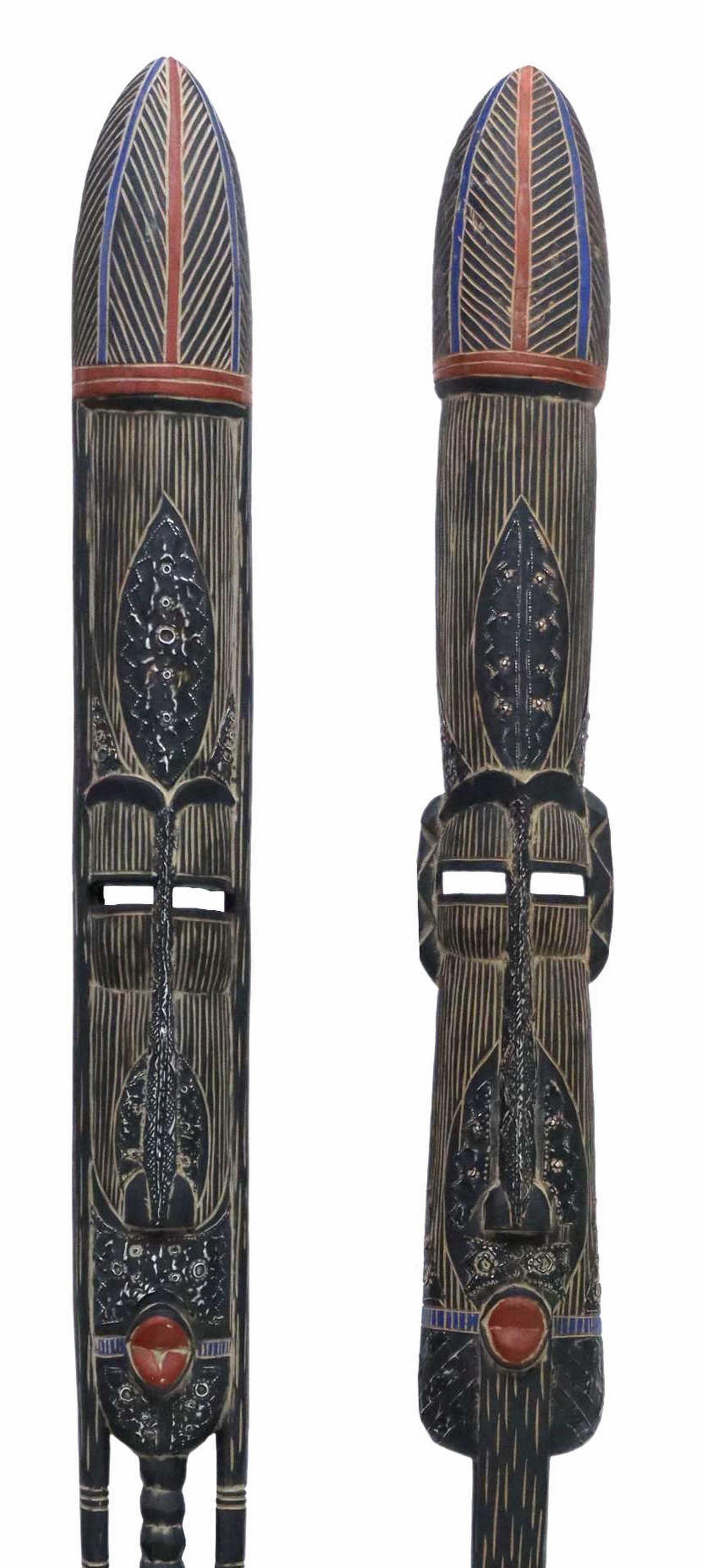 (2) TALL AFRICAN CARVED MALE & FEMALE MASKS, 78"H (1 of 5)