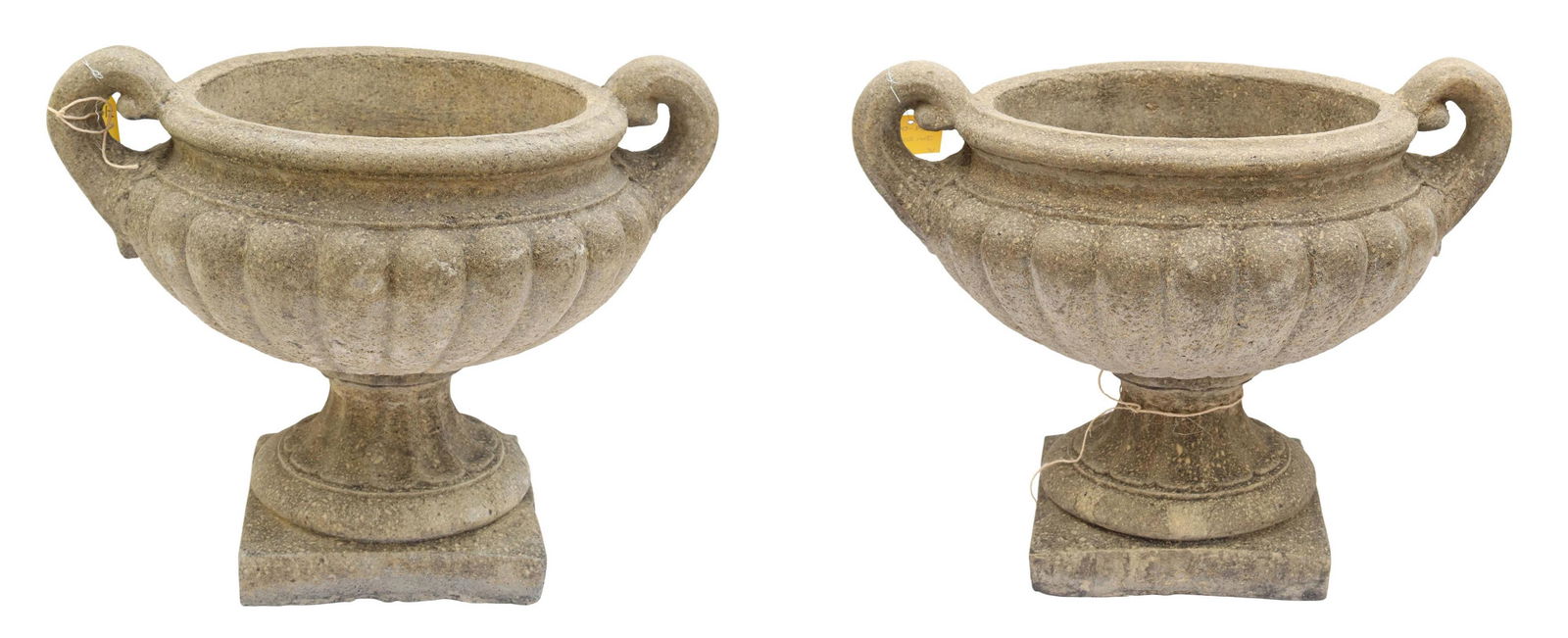 (2) CAST STONE HANDLED GADROONED GARDEN URNS (1 of 3)