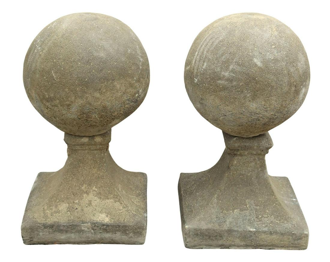 (2) CAST STONE BALL PIERS ON PANELED BASE, 24"H (1 of 2)