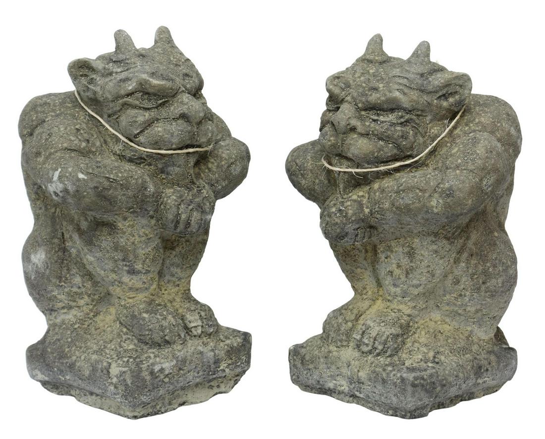 (2) CAST STONE GARDEN STATUARY HORNED GARGOYLES (1 of 3)