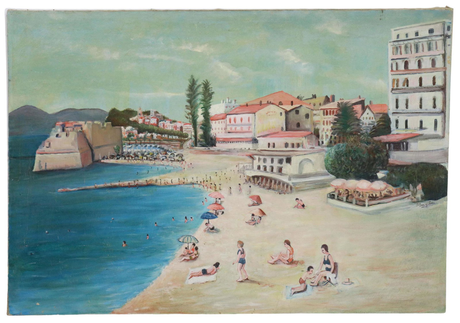 SIGNED OIL ON CANVAS PAINTING BEACH SHORELINE: Unframed oil on stretched canvas painting, Beach Shoreline, signed illegibly lower right, craquelure, losses to canvas at corners, approx 32"h, 45.75"w, 4.75lbs Start Price: $80.00