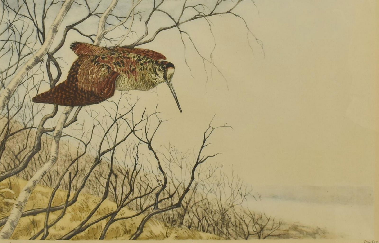 LEON DANCHIN (1887-1938) WOODCOCK ETCHING: Framed etching on paper, Woodcock, signed lower left Leon Danchin (French, 1887-1938), numbered 246/ 500, sight: approx 20.25"h, 28"w, overall: approx 22.5"h, 30.25"w, 7.25lbs Start Price: $80.00
