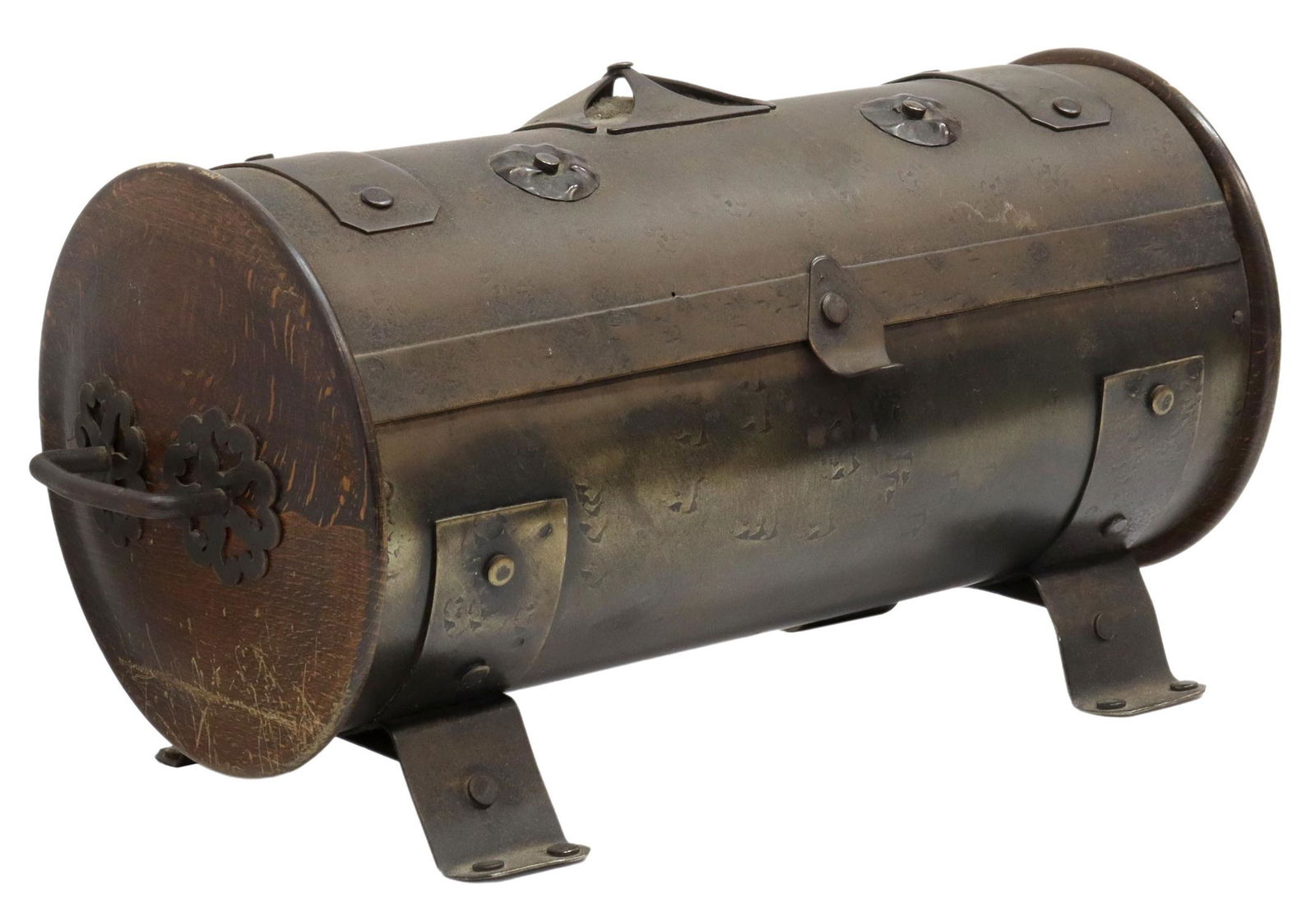 PATINATED METAL CYLINDRICAL FORM CANDLE HOLDER BOX (1 of 6)