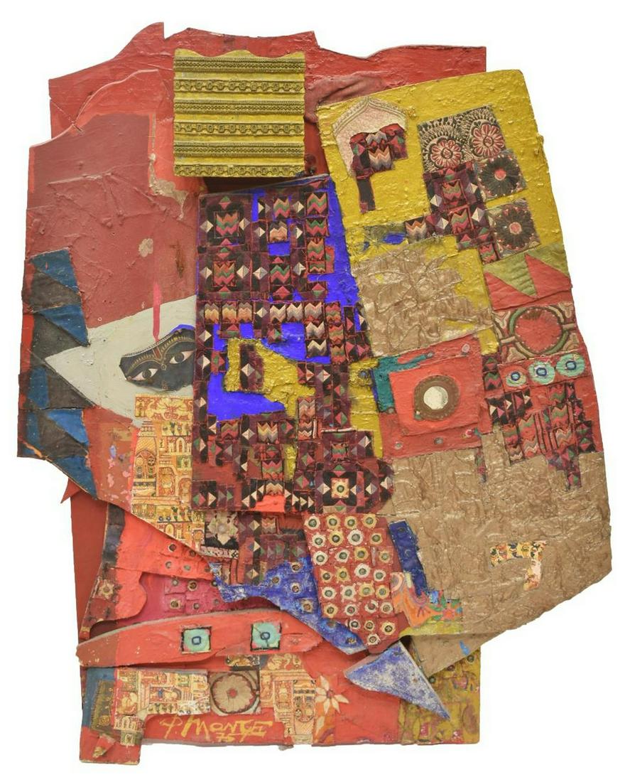MIXED MEDIA COLLAGE ON PANEL, SIGNED P. MONTE (1 of 3)