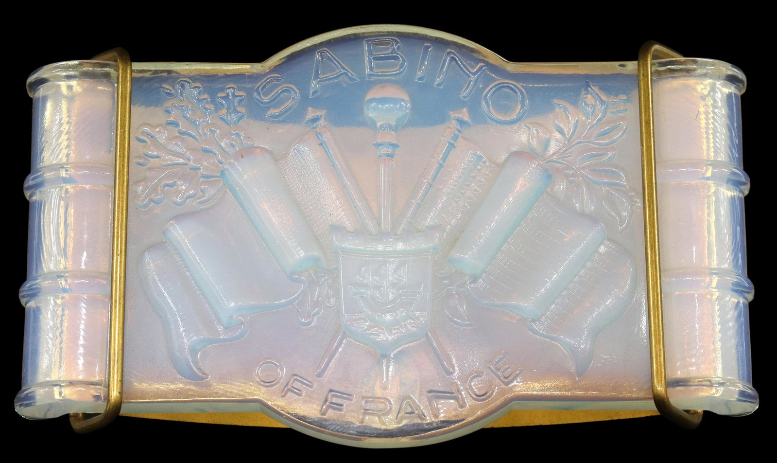 SABINO OPALESCENT ART GLASS ADVERTISING BLOTTER: French Art Deco opalescent art glass desk blotter, glass plaque with crossed flags molded in relief, in gilt metal frame, approx 2"h, 6 1/8"l, 3 5/8"w, 1lbs Start Price: $80.00