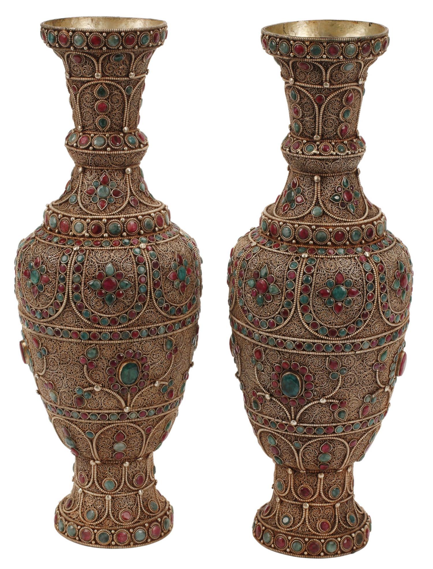 (2) EMERALD & RUBY MOUNTED SILVERED FILIGREE VASES (1 of 4)