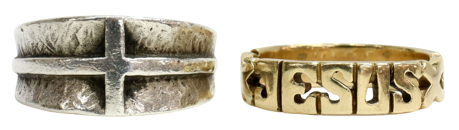 (2) 14KT JESUS RING & JAMES AVERY ESPERANZA BAND: (lot of 2) Estate rings, including: (1) 14kt yellow gold ring, Jesus with Ichthus, approx size 10, 6.6 grams, (1) James Avery "Esperanza" sterling silver band, approx size 9.5-9.75, 10.4 grams Start P