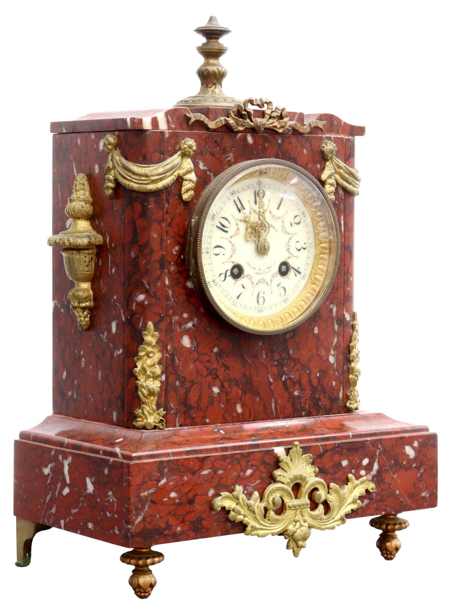 FRENCH JAPY FRERE ROUGE MARBLE CLOCK, OPERATING (1 of 6)