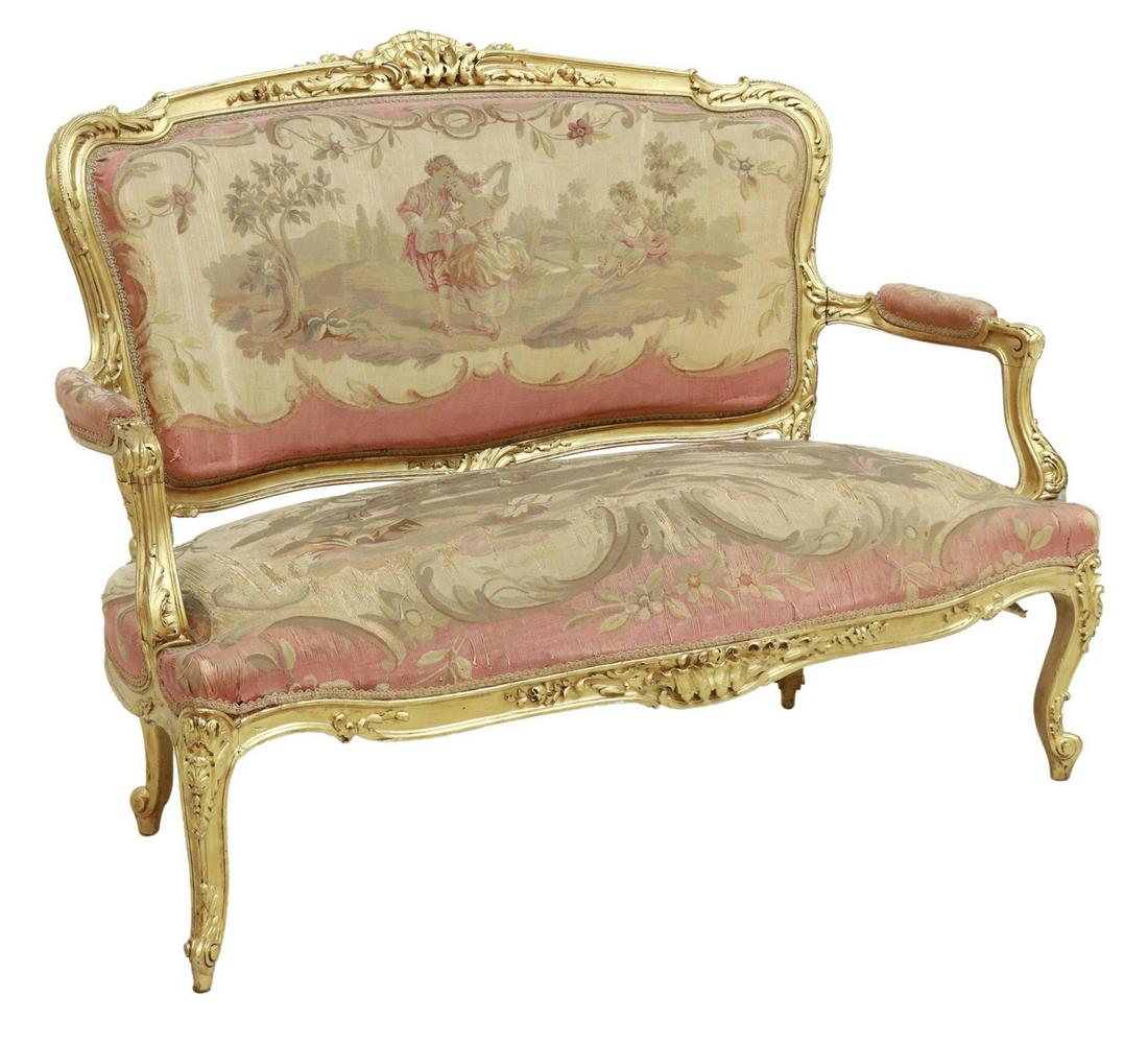 FRENCH LOUIS XV STYLE TAPESTRY UPHOLSTERED SETTEE (1 of 3)