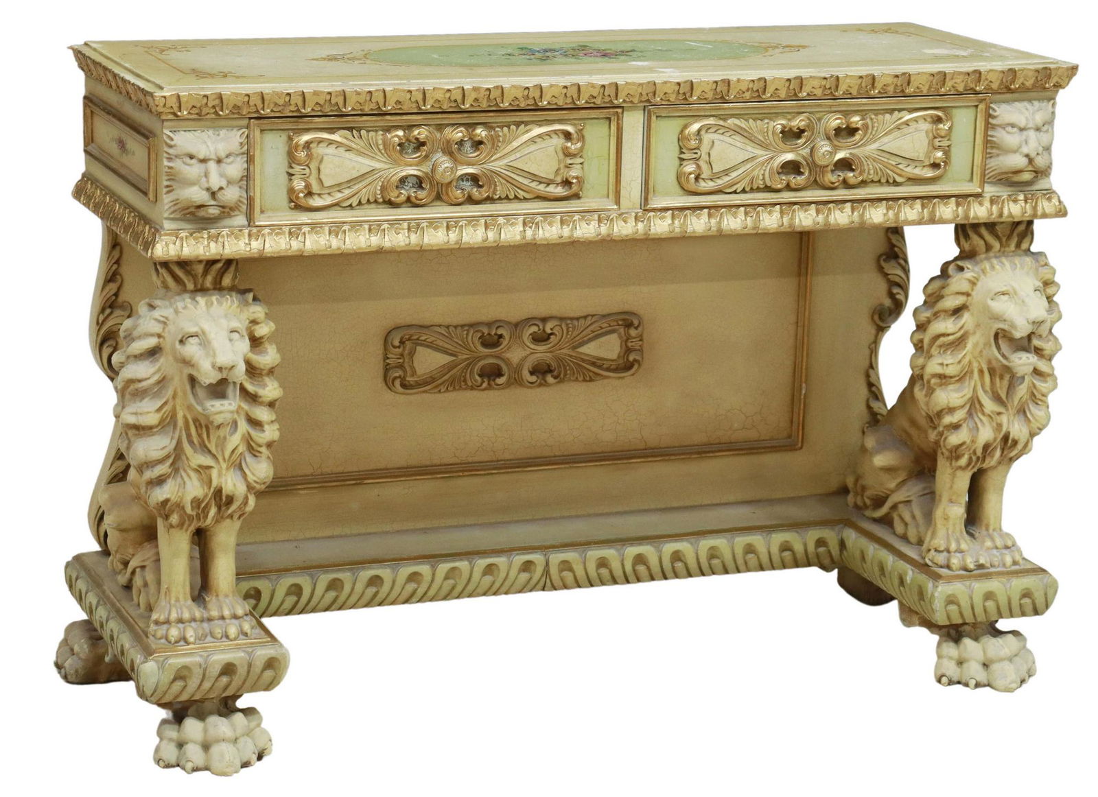 ITALIAN PARCEL GILT & PAINTED LION CONSOLE TABLE (1 of 6)