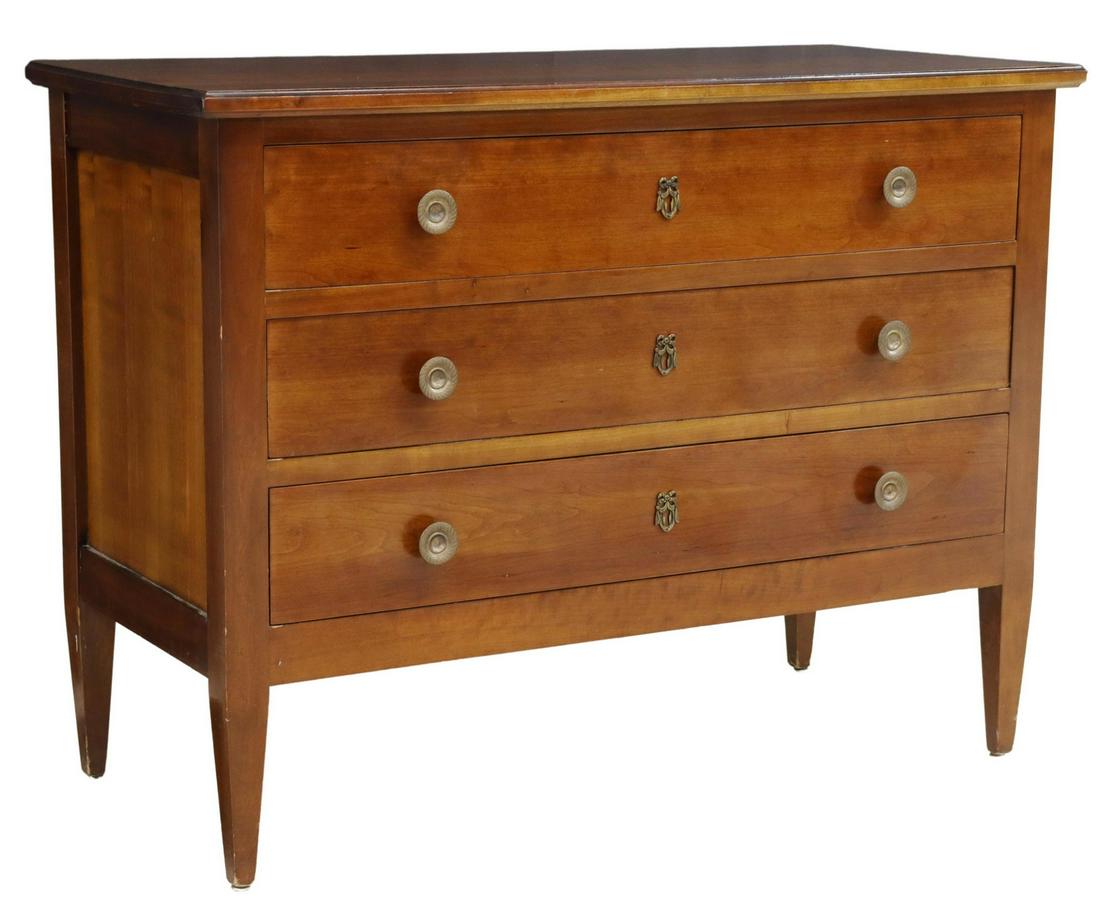 FRENCH LOUIS XVI STYLE FRUITWOOD 3-DRAWER COMMODE: French Louis XVI style fruitwood commode, 20th c., three drawers, rising on tapered legs, approx 36"h, 48"w, 21.5"d Start Price: $300.00