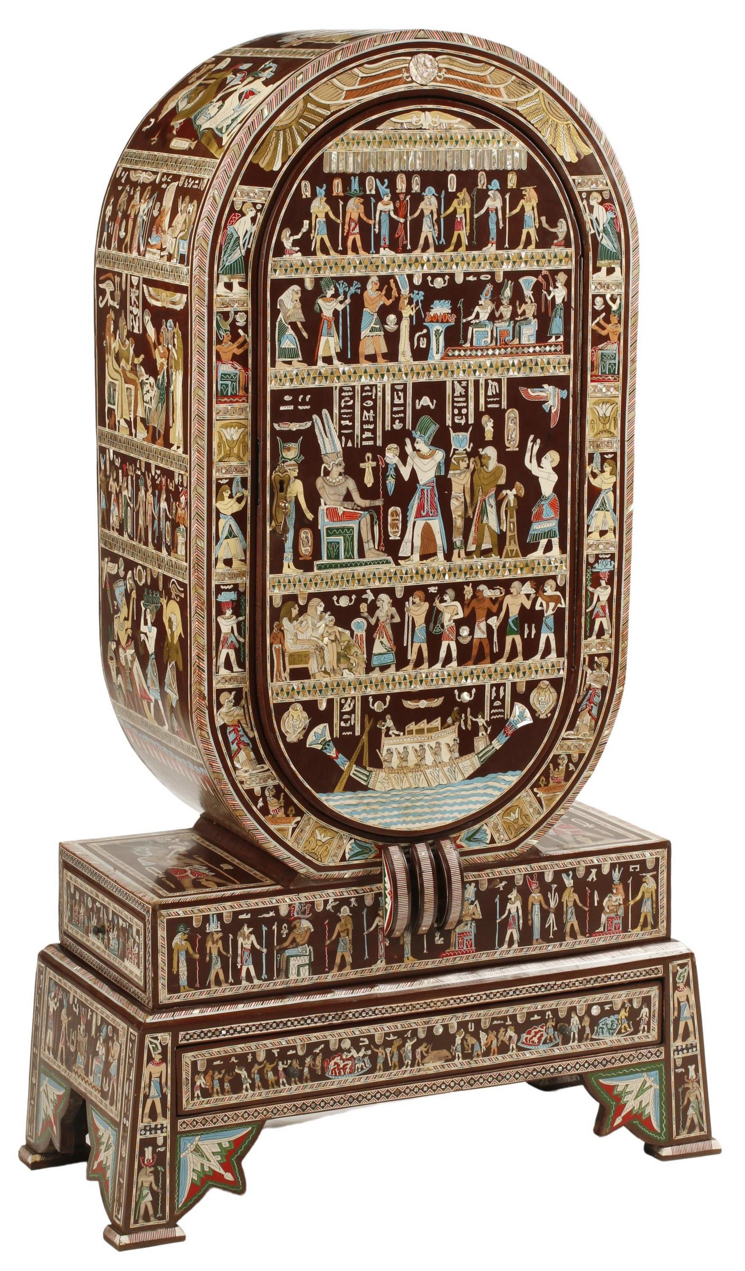EGYPTIANESQUE INLAID SPECIMEN CABINET ON STAND (1 of 4)