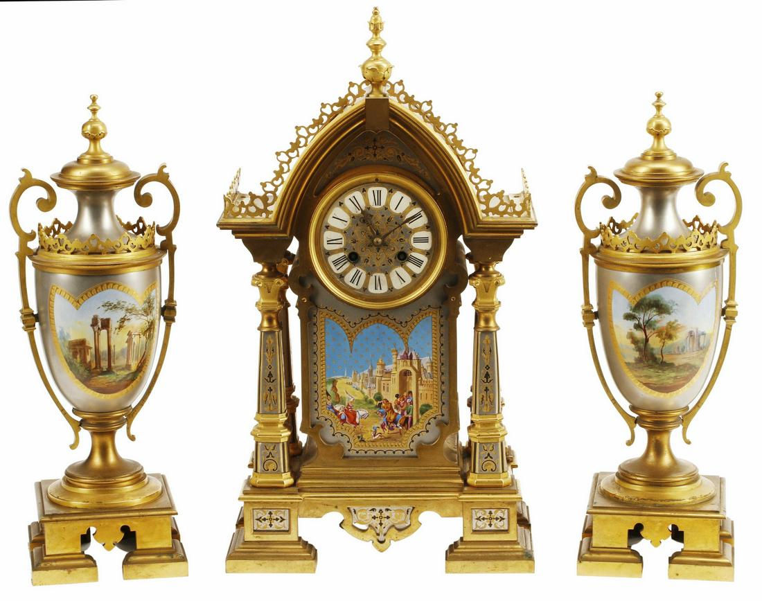 3) FRENCH GOTHIC REVIVAL BRONZE CLOCK & GARNITURES (1 of 6)