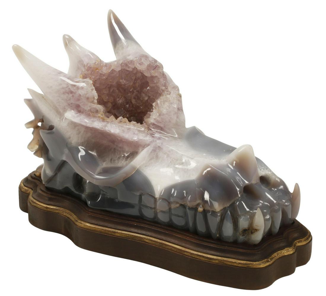 CARVED AMETHYST AGATE DRAGON SKULL ON WOOD BASE (1 of 4)
