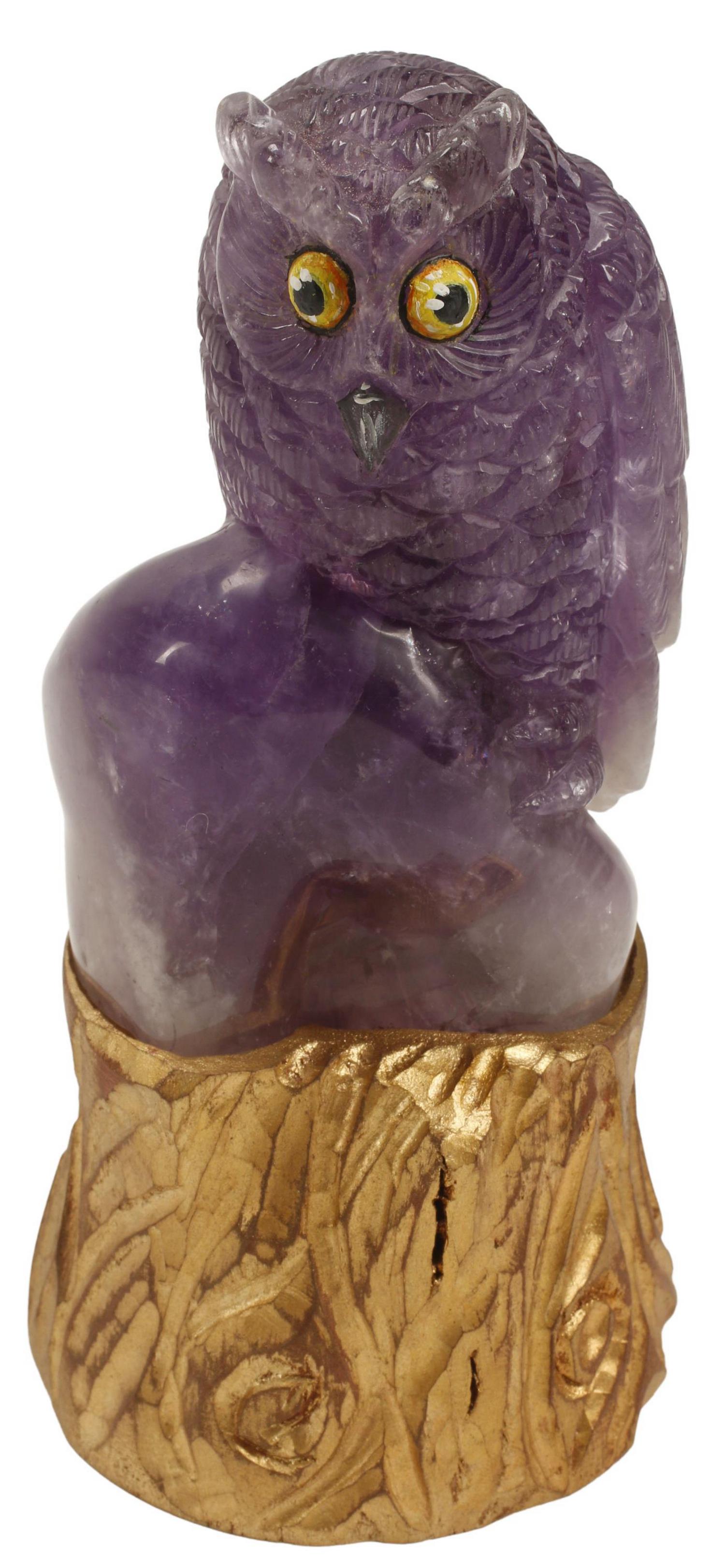 CARVED AMETHYST SCULPTURE OWL ON GILT BASE (1 of 3)