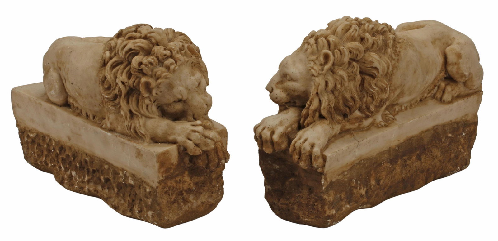 (2) ITALIAN CARVED RECUMBENT CANOVA LIONS: (pair) Italian carved recumbent lions, after the originals by Antonio Canova (Italian, 1757-1822), approx 8"h, 5"w, 12"d, 35lbs total Start Price: $400.00