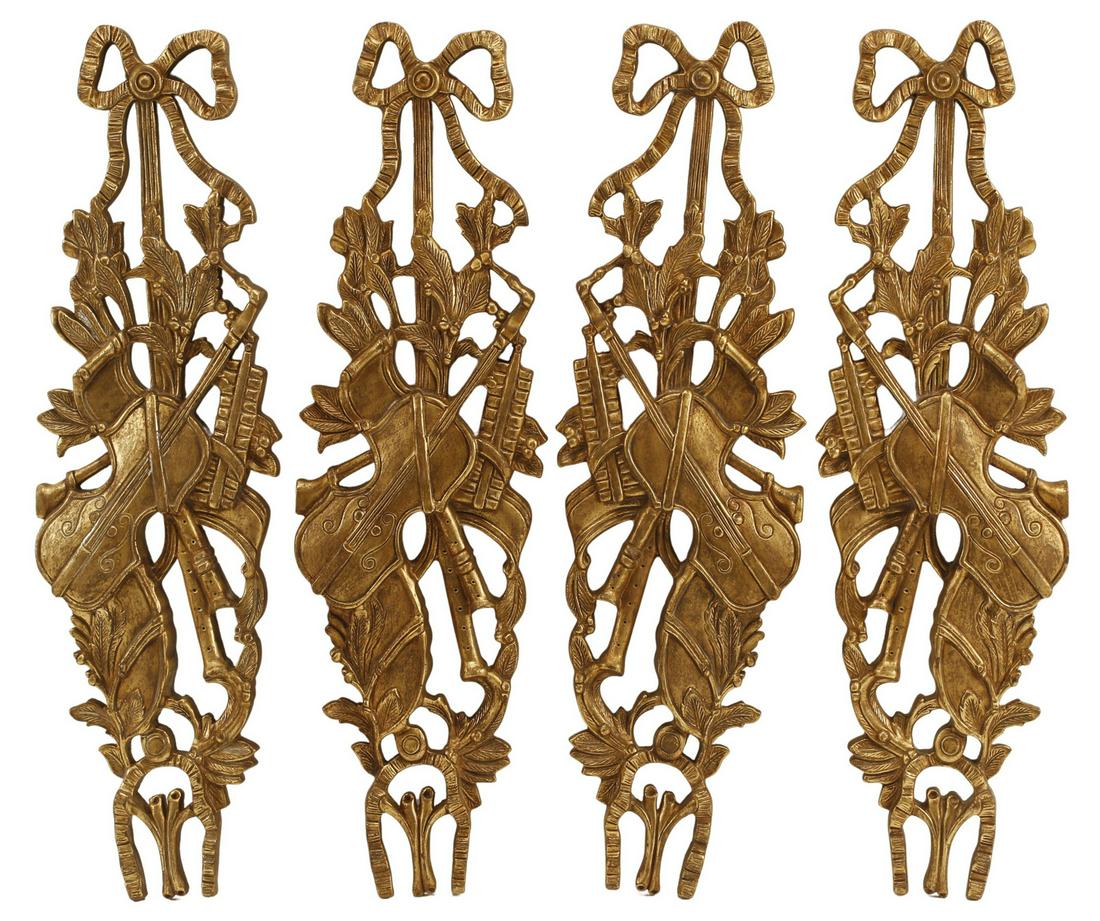 (4) FRENCH CARVED GILTWOOD WALL TROPHIES: (lot of 4) French carved giltwood wall trophies, approx 35.5"h, 10"w, 2"d, 22lbs total Start Price: $200.00