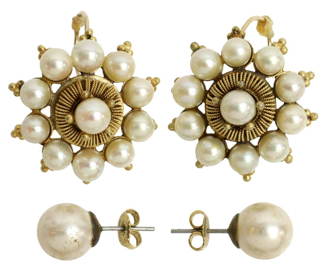 (2PR) ESTATE 10KT YELLOW GOLD & PEARL EARRINGS (1 of 2)