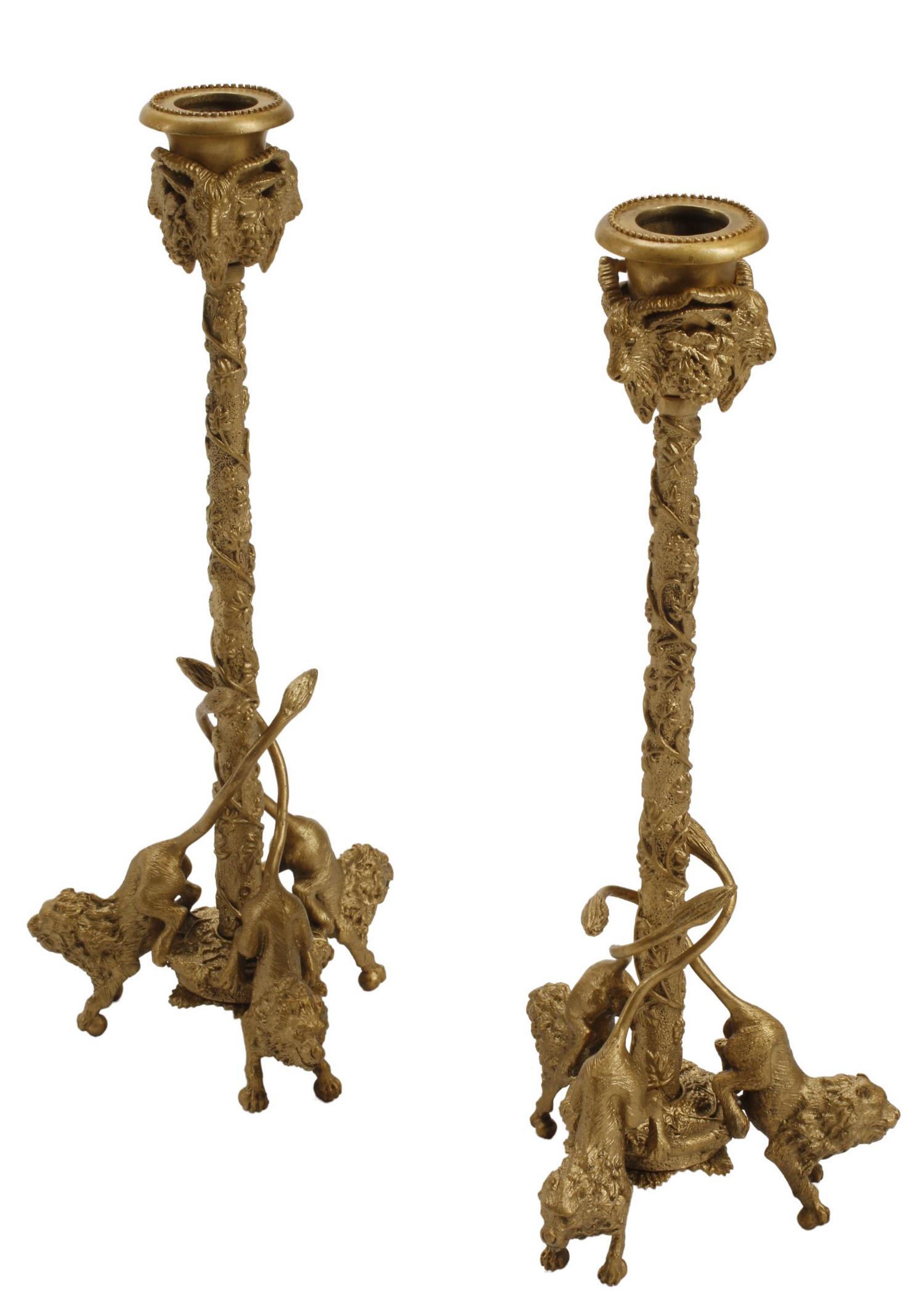 (2) BRONZE DORE LION CANDLESTICKS (1 of 4)