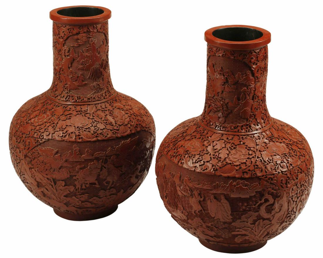 (2) LARGE CHINESE CINNABAR VASES, 25.5"H (1 of 5)