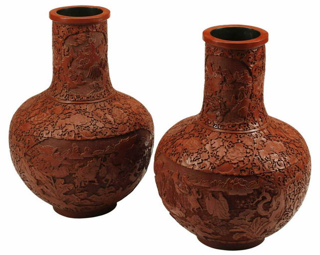 (2) LARGE CHINESE CINNABAR VASES, 25.5"H Jan 23, 2022 Austin Auction Gallery in TX