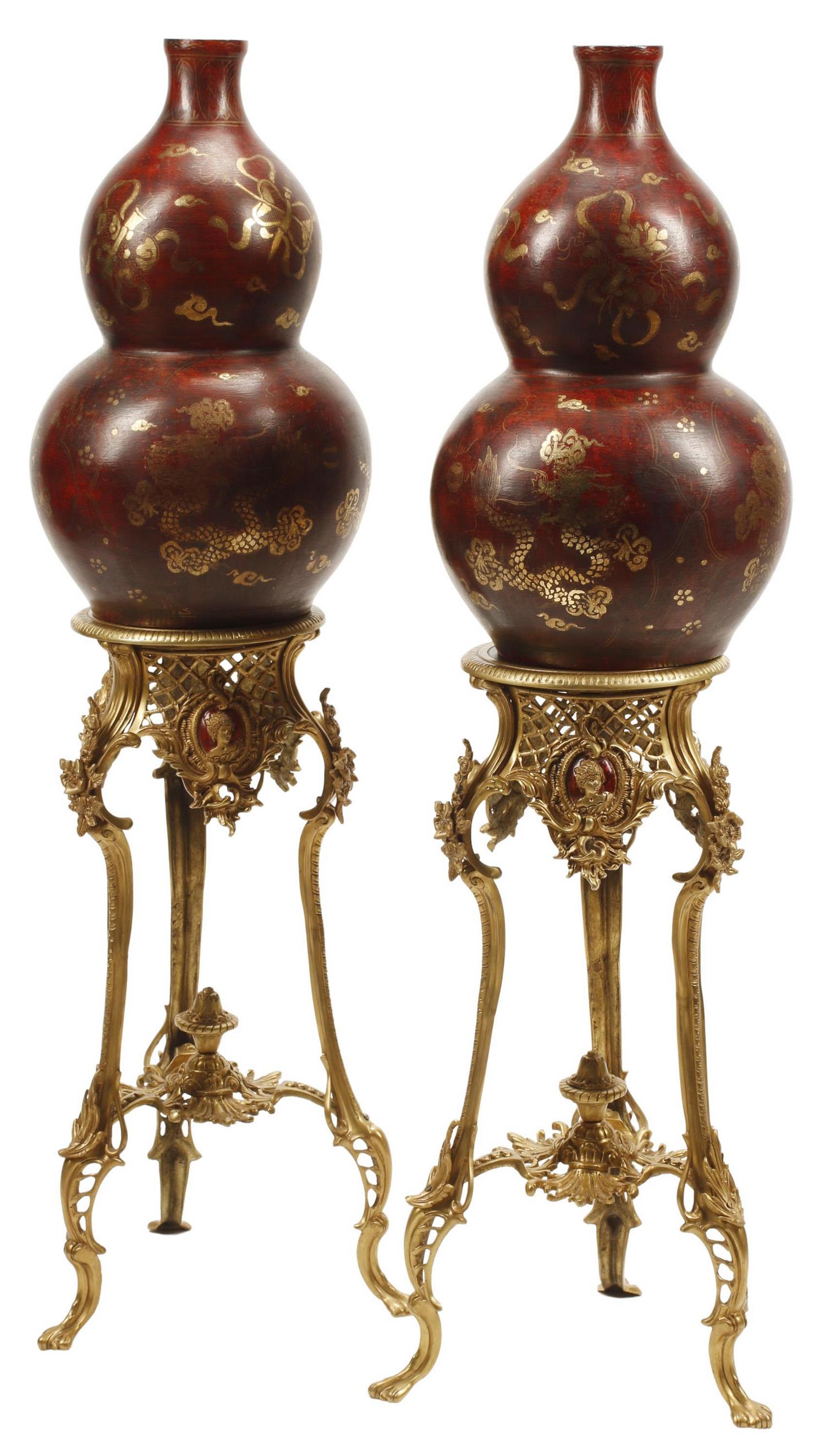 (2) CHINESE RED LACQUERED VASES ON BRONZE STANDS (1 of 4)