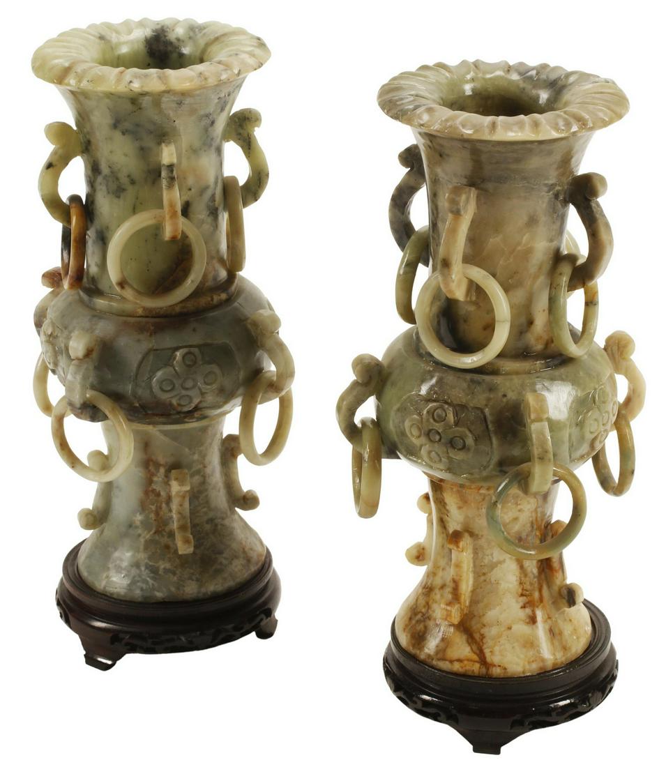 (2) CHINESE JADE CAPTURED RING VASES ON WOOD BASES (1 of 4)